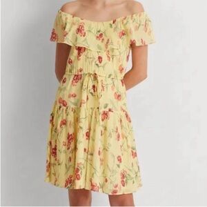 Lauren Ralph Lauren Dress 100%Cotton Yellow Pink Floral Off The Shoulder Size 10